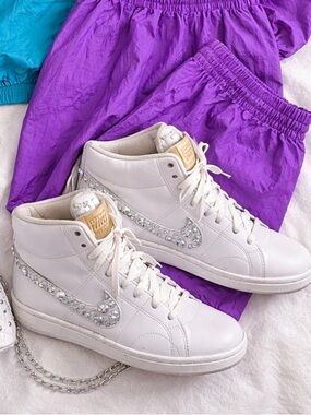 Nike Kids White High-Top Sneakers with Crystal-Embellished Swoosh and Tan Tab